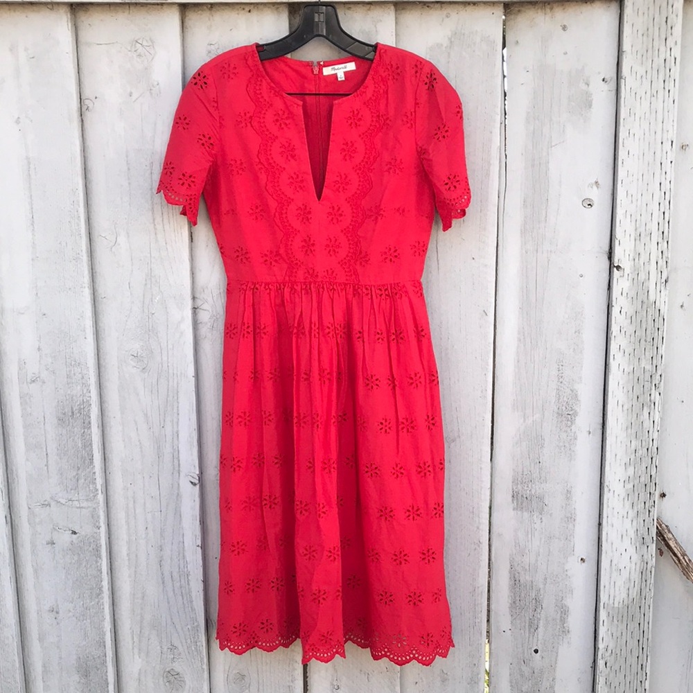 Madewell Coral Red Eyelet Midi Dress with Notch Neck